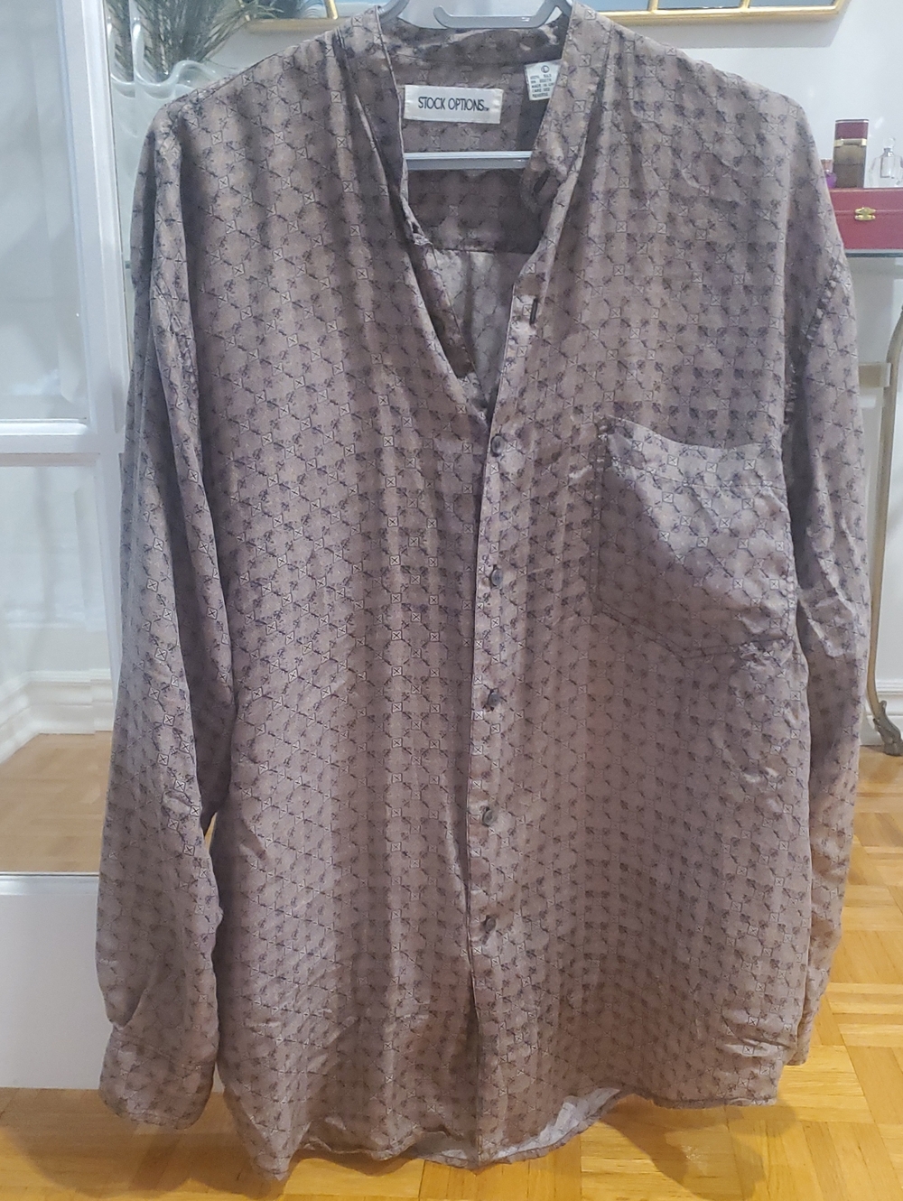 Vintage 100% Silk Stock Options Collarless Button Down Lightweight Shirt L
